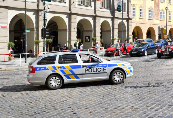 PRAGUE, CZECH REPUBLIC - May 4, 2018:  Police patrol car on the street of the old city.