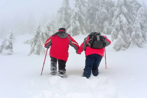 Turisti Pendio Montagna Nella Foschia Della Nebbia — Foto Stock