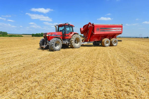 Remorque Tracteur Avec Réservoir Grain Travaillant Sur Champ Blé — Photo