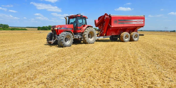 Traktoranhänger Mit Getreidetank Arbeitet Auf Einem Weizenfeld — Stockfoto