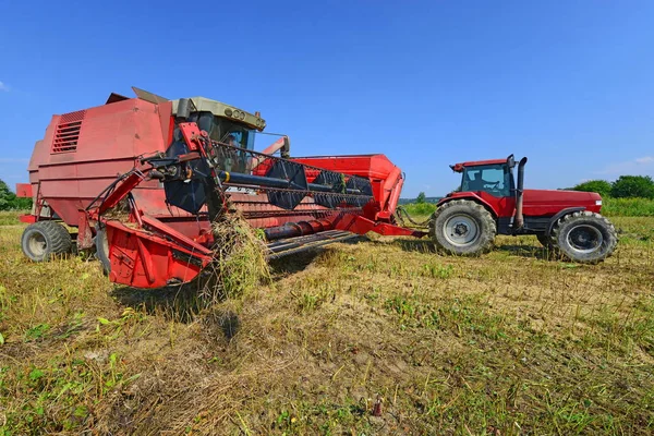 Kalush Ukraine August Overloading Grain Harvester Tractor Trailer Tank Field — Photo