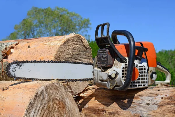 Chain saw on logs