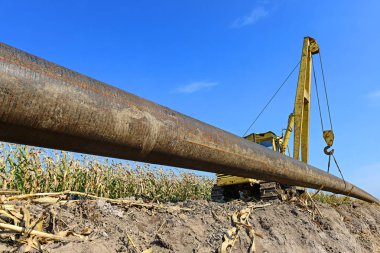 pipelayer machine at work. Pipe in the field