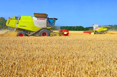 combine harvesters working at wheat field, harvesting in the countryside