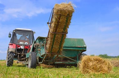 Dolyna, Ukraine - June 1, 2018: Harvesting hay in the fields of organic farm near the town Dolyna, Western Ukraine.