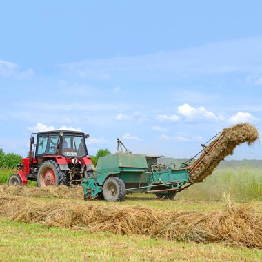Dolyna, Ukraine - June 1, 2018: Harvesting hay in the fields of organic farm near the town Dolyna, Western Ukraine.