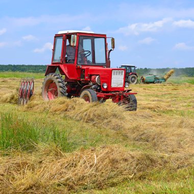 Dolyna, Ukraine - June 1, 2018: Harvesting hay in the fields of organic farm near the town Dolyna, Western Ukraine.