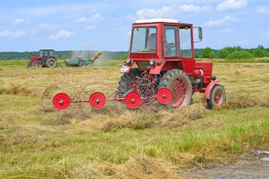 Dolyna, Ukraine - June 1, 2018: Harvesting hay in the fields of organic farm near the town Dolyna, Western Ukraine.