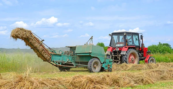 Dolyna, Ukraine - June 1, 2018: Harvesting hay in the fields of organic farm near the town Dolyna, Western Ukraine.