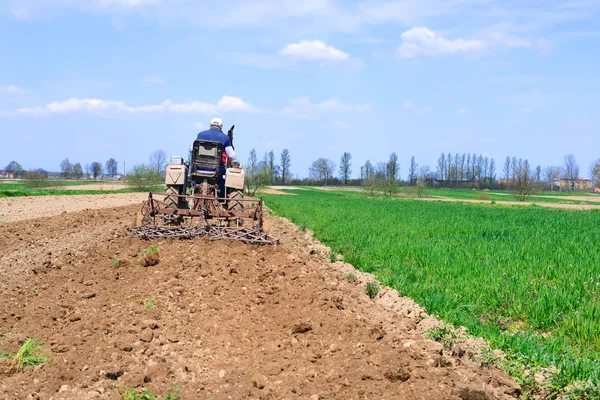 Man Tractor Plowing Field — Foto Stock