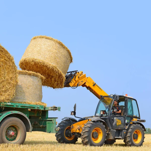 Kalush Ucrania Agosto Cargador Universal Cosechando Paja Campo Cerca Ciudad — Foto de Stock