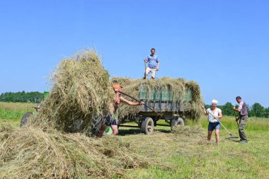 Kalush, Ukraine - May 30, 2016: Harvesting hay near the town Kalush, Western Ukraine