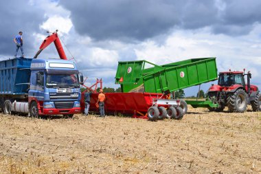 Kalush, Ukrayna 20 Temmuz 2018: Tahıl karavanından, Ukrayna 'nın Kalush kenti yakınlarındaki bir tornavidayla büyük kapasiteli bir kamyonun gövdesine tahıl yükleme.