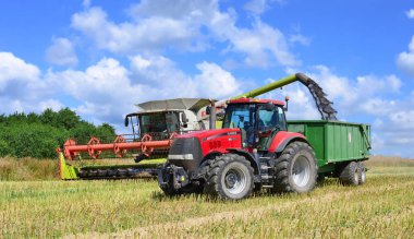 Kalush, Ukrayna 20 Temmuz 2018: Modern Claas hasat hasat Mısır gevreği şehrin Kalush, Ukrayna, birleştirmek..