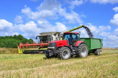 Kalush, Ukrayna 20 Temmuz 2018: Modern Claas hasat hasat Mısır gevreği şehrin Kalush, Ukrayna, birleştirmek..