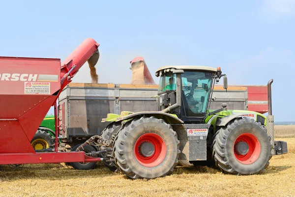 Overloading Grain Harvester Grain Tank Tractor Trailer — Stock Photo, Image