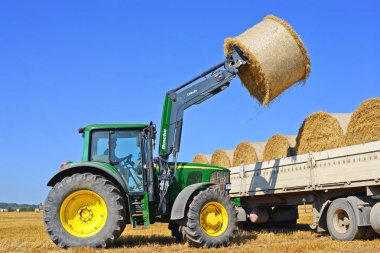 Kalush, Ukraine - August 13: Universal loader harvesting straw in the field near the town Kalush, Western Ukraine August 13, 2015
