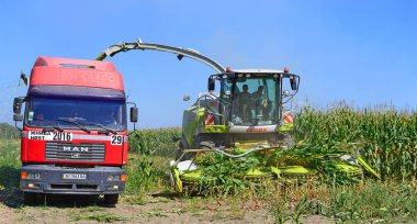 Kalush, Ukrayna - 8 Ekim 2013: Batı Ukrayna 'nın Kalush kenti yakınlarındaki tarlada mısır hasadını modern birleştirme