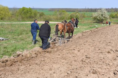 Kalush, Ukrayna - 18 Nisan 2017: bir alan tarafından el ile pulluk nadas üzerinde şehrin Kalush, Ukrayna atlı.