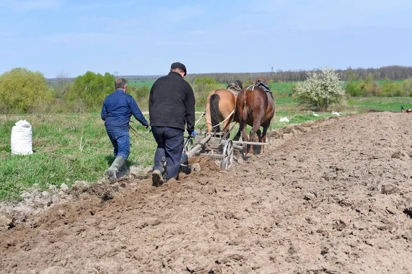 Kalush Ukraine April 2017 Einfriedung Eines Feldes Mit Einem Handpflug — Stockfoto