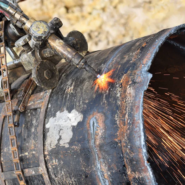 Découpe Tuyau Grand Diamètre Avec Coupe Gaz Spécial Réparation Pipeline — Photo