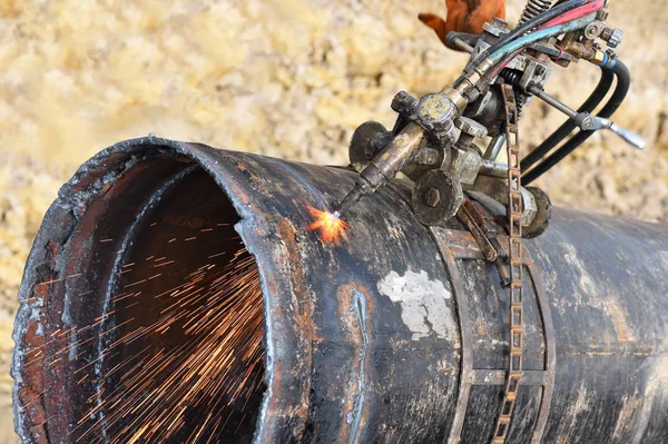 Découpe Tuyau Grand Diamètre Avec Coupe Gaz Spécial Réparation Pipeline — Photo