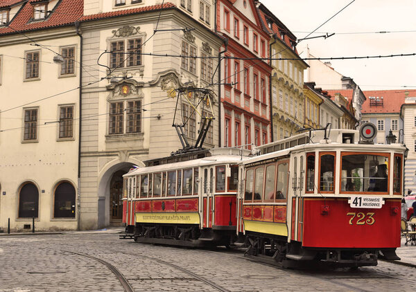 PRAGUE, CZECH REPUBLIC - May 4, 2018: Old tram in the streets of the city.