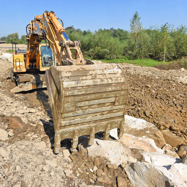 Kalush, Ukraine - August 18, 2018: On the construction of a protective dam near the town of Kalush.