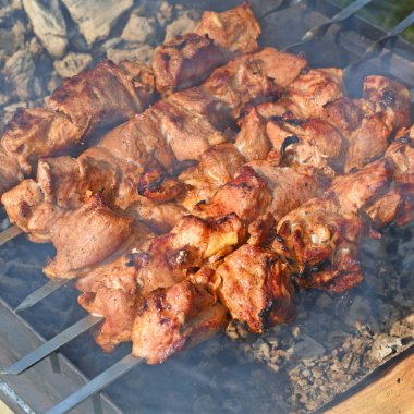 Bir tavada şiş kebap. Bir şehir tatil sokak ticaret.