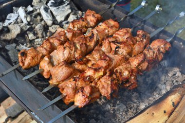 Şiş kebap chargrill üzerinde yemek. Bir şehir tatil sokak ticaret.
