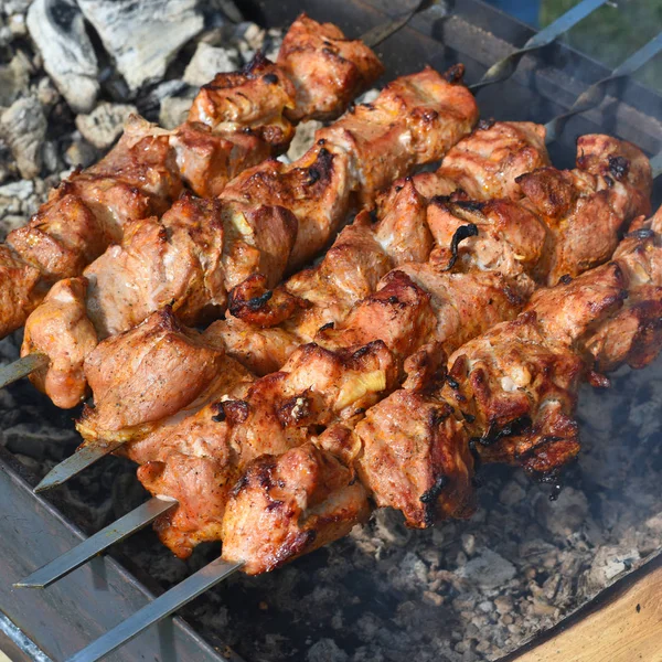Bir tavada şiş kebap. Bir şehir tatil sokak ticaret.