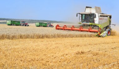 Kalush, Ukrayna 2 Ağustos 2017: Modern Claas hasat hasat Mısır gevreği şehrin Kalush, Ukrayna, birleştirmek..