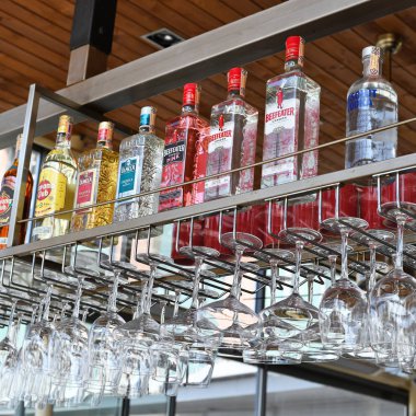 Bratislava, Slovakya-Mart 31, 2019: Tuna Nehri kıyısındaki bir restoranda.