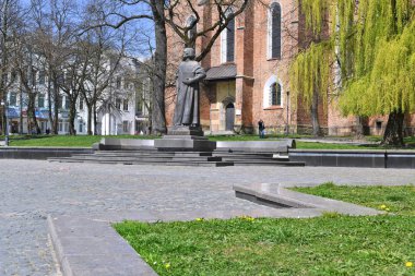Drohobych, Ukraine - April 20, 2019: Monument of Yuriy Drohobych or Yuriy Kotermak, (1450-1494) .He was a philosopher, astrologist, writer, medical doctor, rector of the University of Bologna.