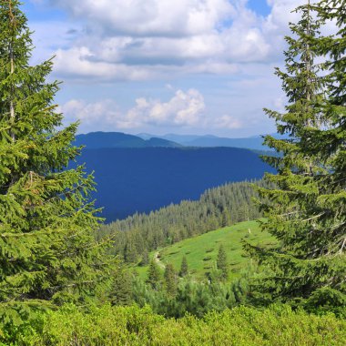 Dağları ve mavi gökyüzü olan güzel bir manzara.