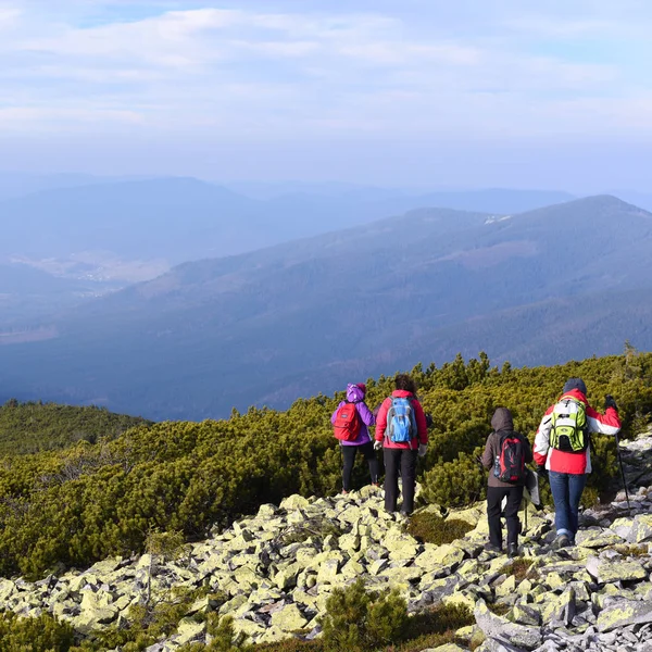 Grupo Excursionistas Caminando Las Montañas — Foto de Stock