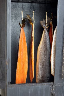 Altın bir smokehouse Somon Balık füme