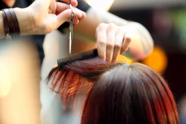 Friseur Schneidet Dem Kunden Friseursalon Mit Der Schere Die Haare — Stockfoto