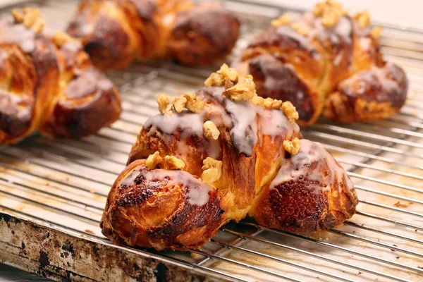 Fresh Croissant Nuts Bakery Metal Drip Tray Background — Stock Photo, Image