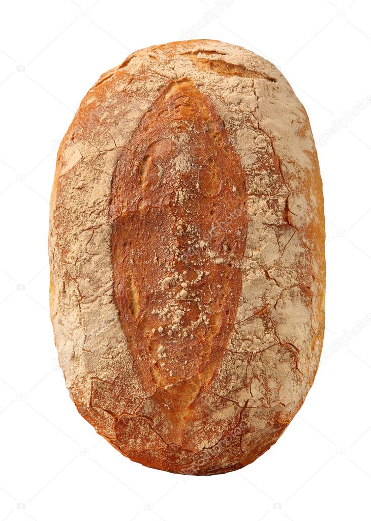 Round loaf of bread top view isolated on a white background