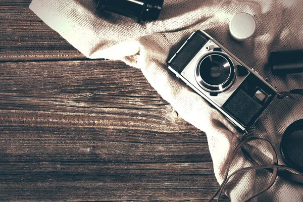 Vintage Camera Wooden Table Empty Space Text Image Design Wor — Stock Photo, Image