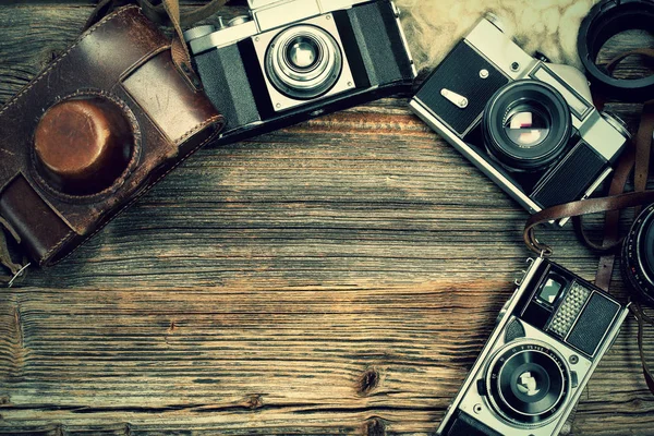 Vintage Camera Wooden Table Empty Space Text Image Design Wor — Stock Photo, Image
