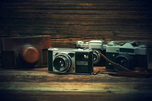 Vintage Camera Wooden Table Empty Space Text Image Design Wor — Stock Photo, Image