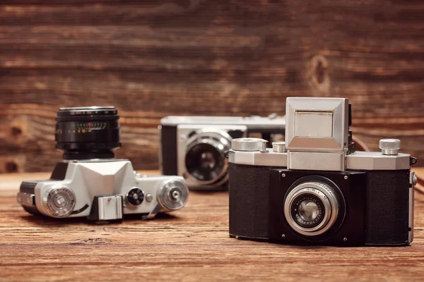 Vintage Camera Wooden Table Empty Space Text Image Design Wor — Stock Photo, Image