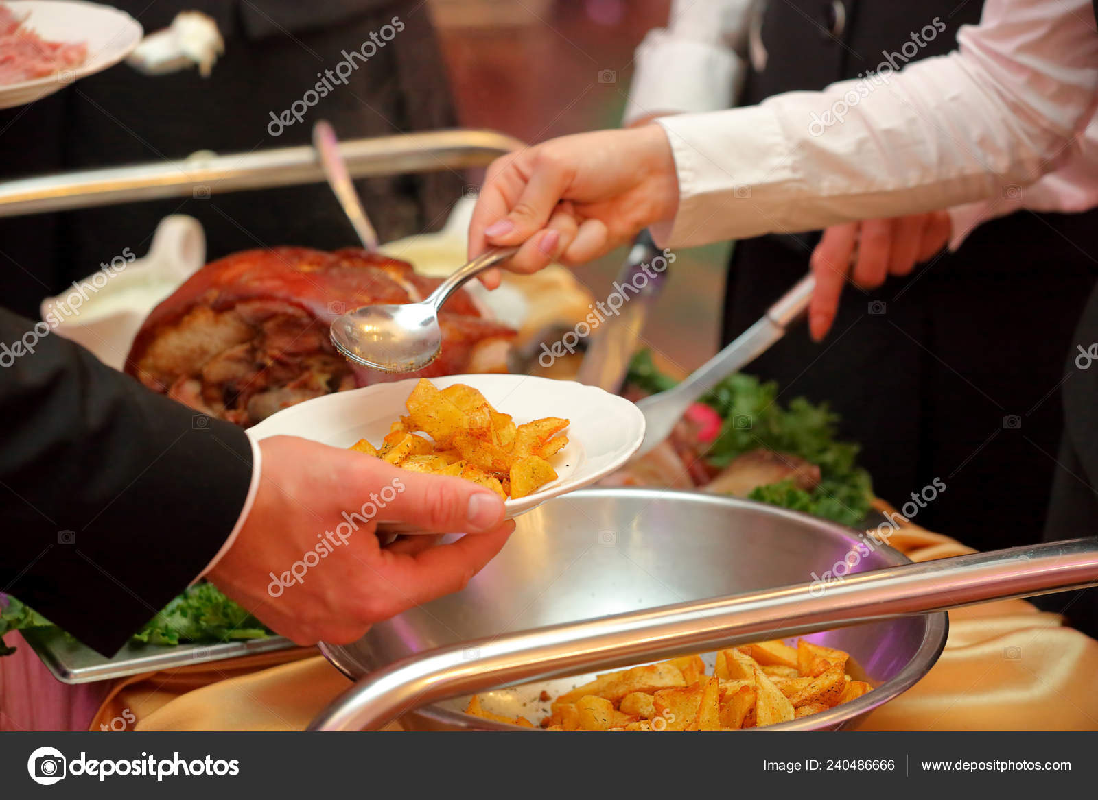 Waiter Serves Roasted Meat Baked Potatoes Party Wedding Reception