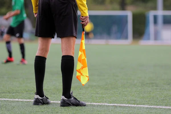 The line referee observes the situation on the football field — Stock Photo, Image