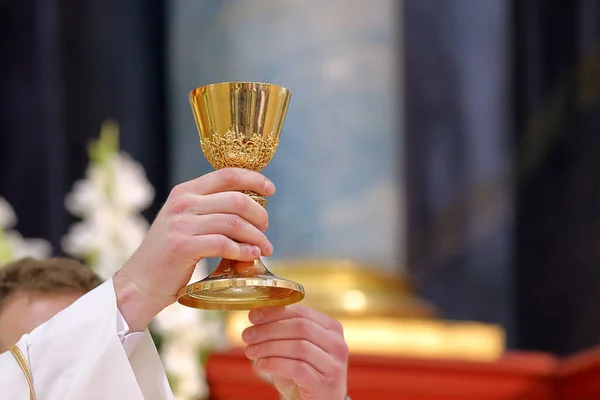 Cálice Nas Mãos Sacerdote Altar Durante Celebração Missa Espaço Vazio — Fotografia de Stock