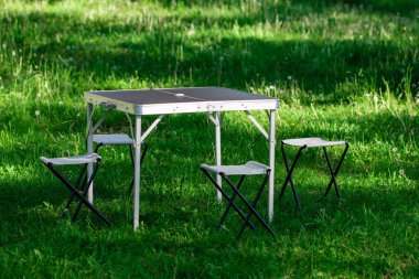 Güzel piknik alanı tablo ve tabureler, çim ile.