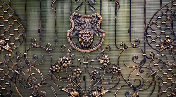 锻造铁门的细节 结构和装饰 Ornamen 与狮子 由金属制成 — 图库照片