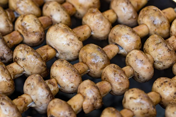 Izgara mantar ve şiş mantar. Daha az pişmiş, yakın plan..